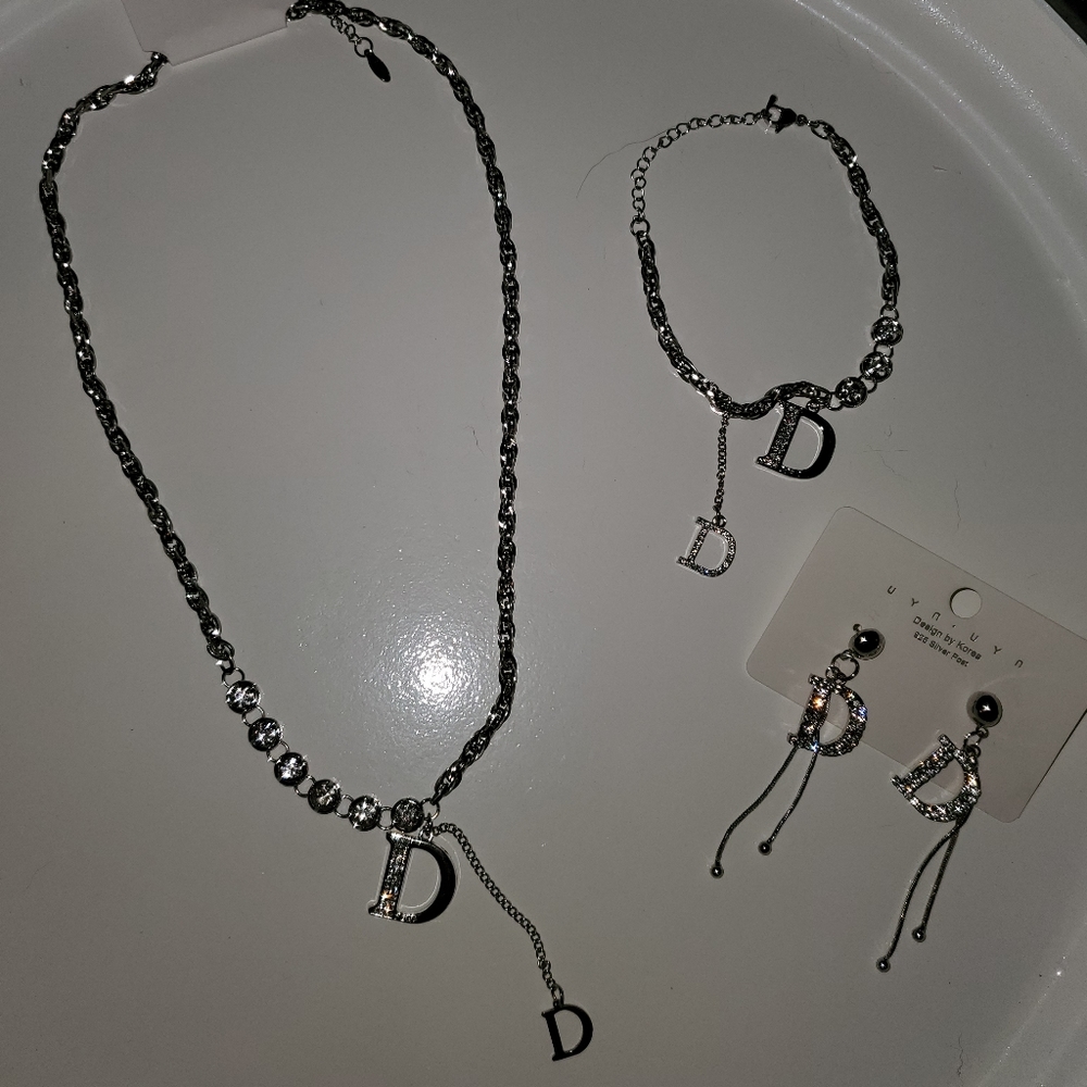 NEW MONOGRAM INTIAL D Silver and Rhinestone Necklace,  Earrings, Bracele…